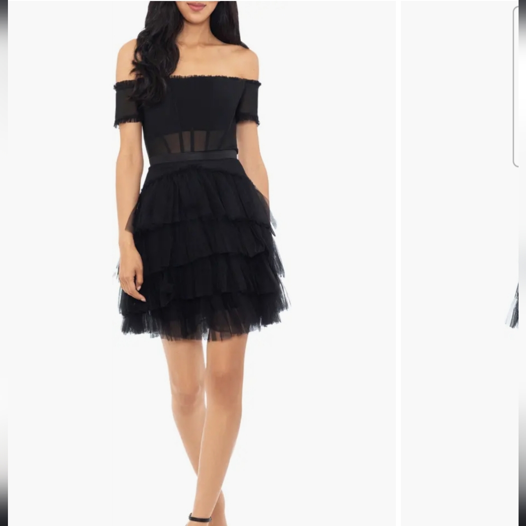 Betsy & Adam Corset Tiered Ruffle Off The Shoulder Tulle Minidress
